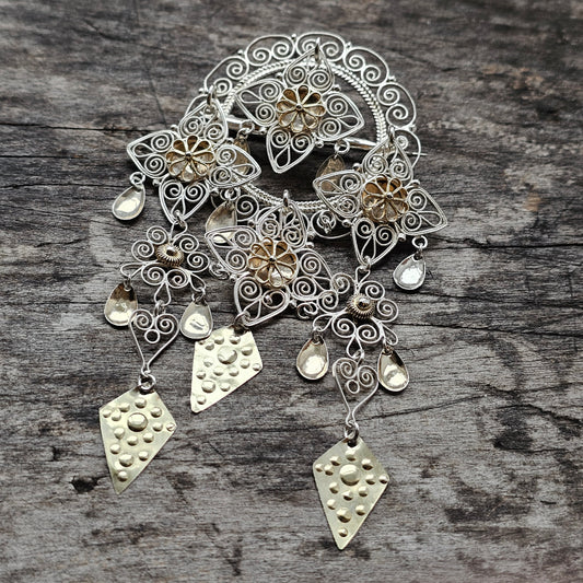 Traditional Norwegian Dangly Silver Filigree Solje Brooch