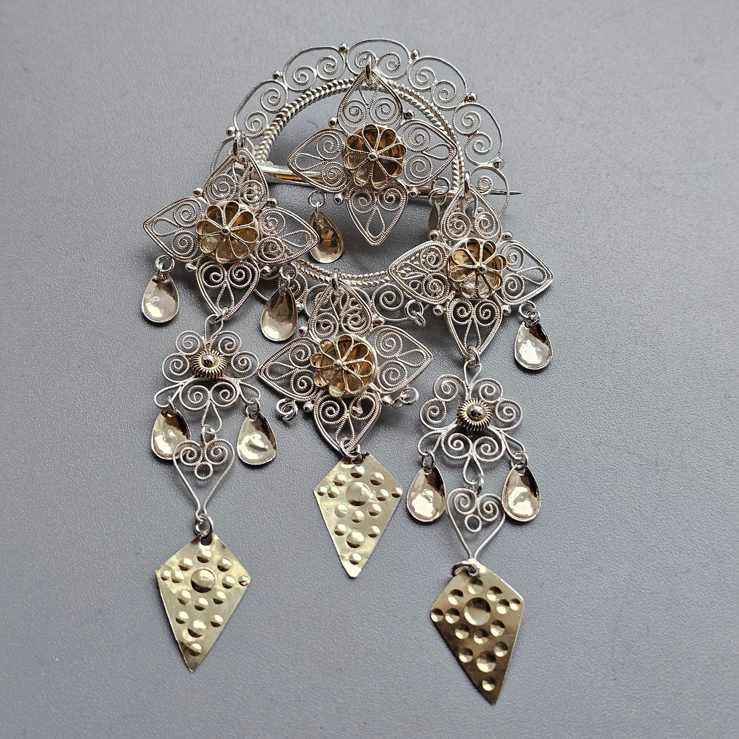 Traditional Norwegian Dangly Silver Filigree Solje Brooch
