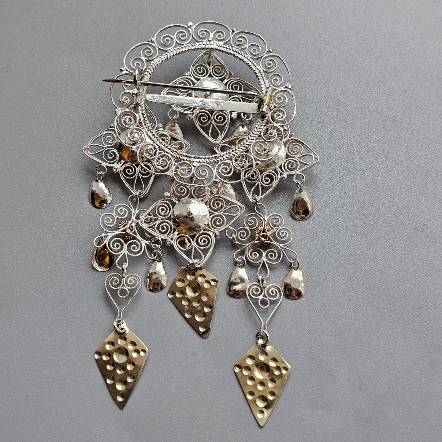 Traditional Norwegian Dangly Silver Filigree Solje Brooch