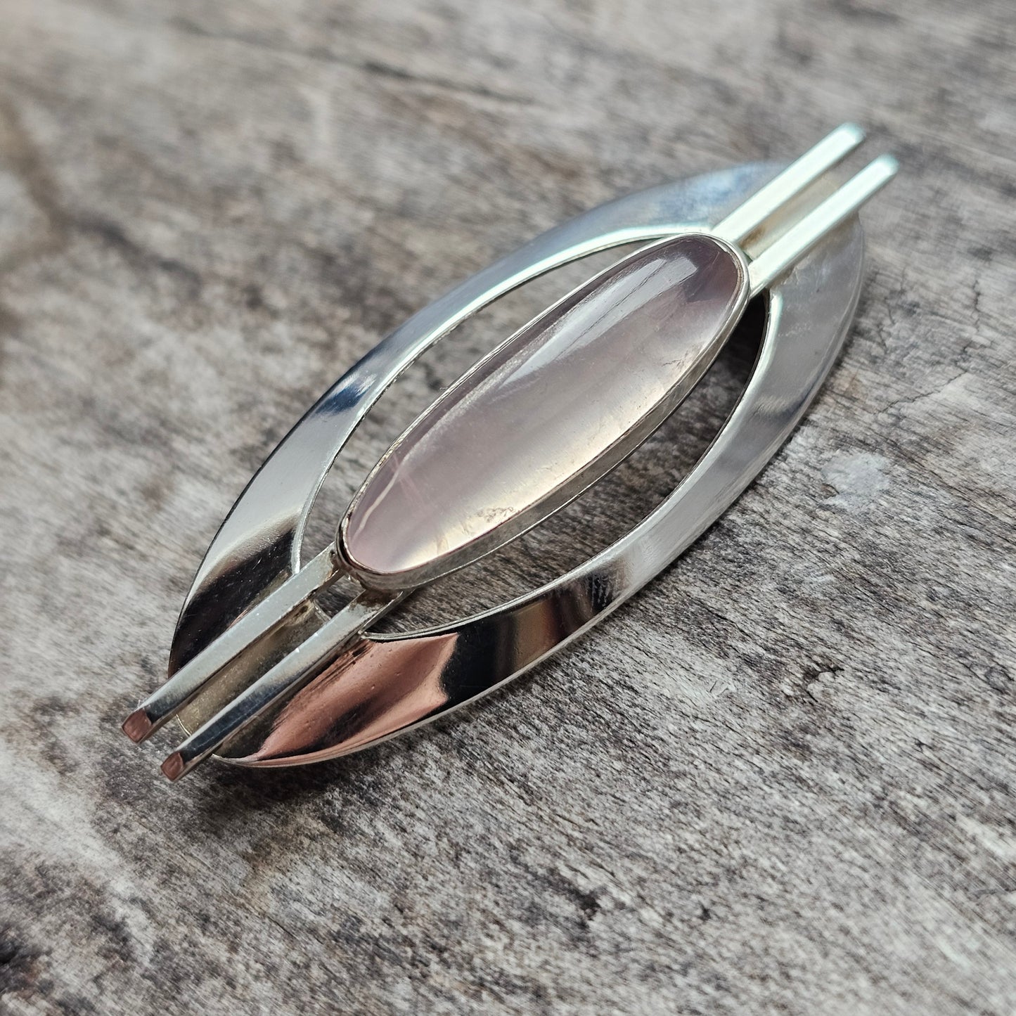 Vintage Nordic Modernist Silver Brooch with Rose Quartz by Turun Hopea