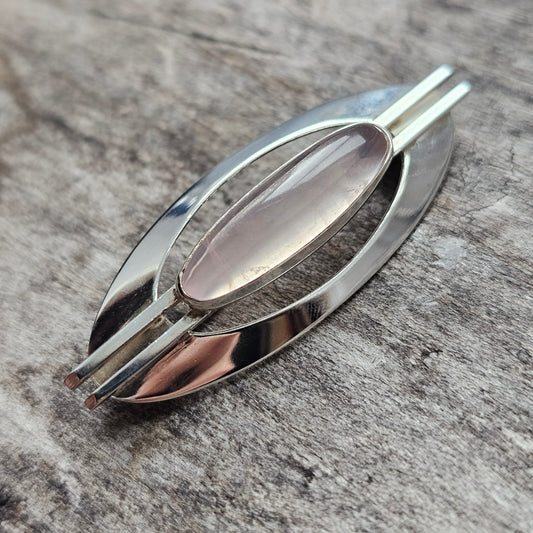 Vintage Nordic Modernist Silver Brooch with Rose Quartz by Turun Hopea