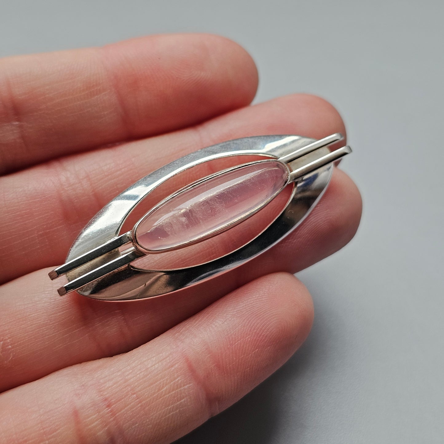 Vintage Nordic Modernist Silver Brooch with Rose Quartz by Turun Hopea