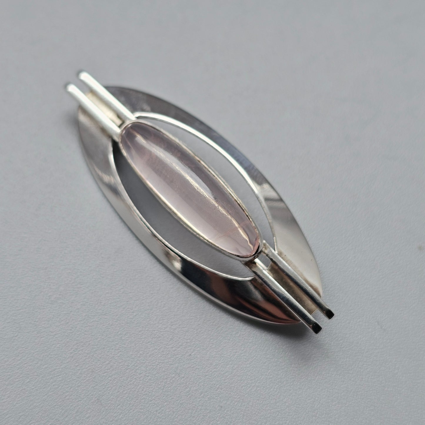 Vintage Nordic Modernist Silver Brooch with Rose Quartz by Turun Hopea