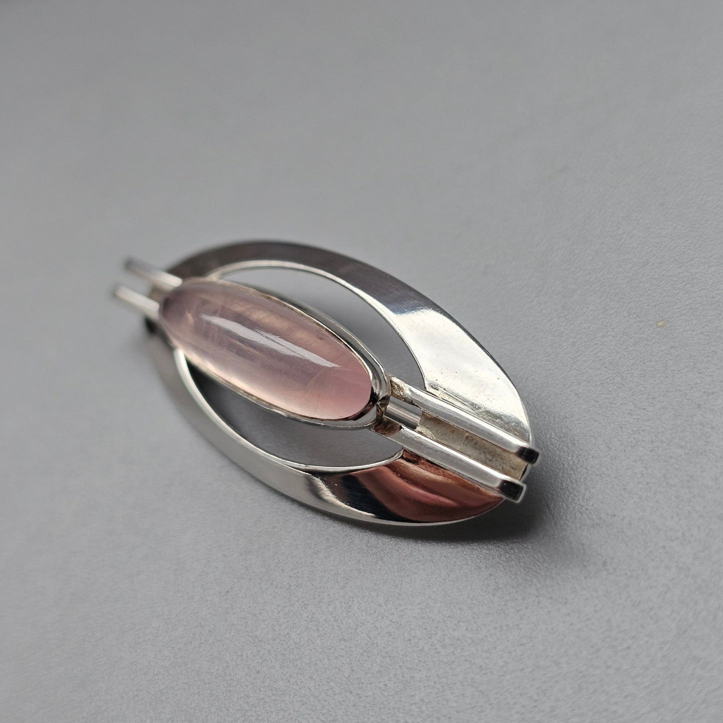 Vintage Nordic Modernist Silver Brooch with Rose Quartz by Turun Hopea
