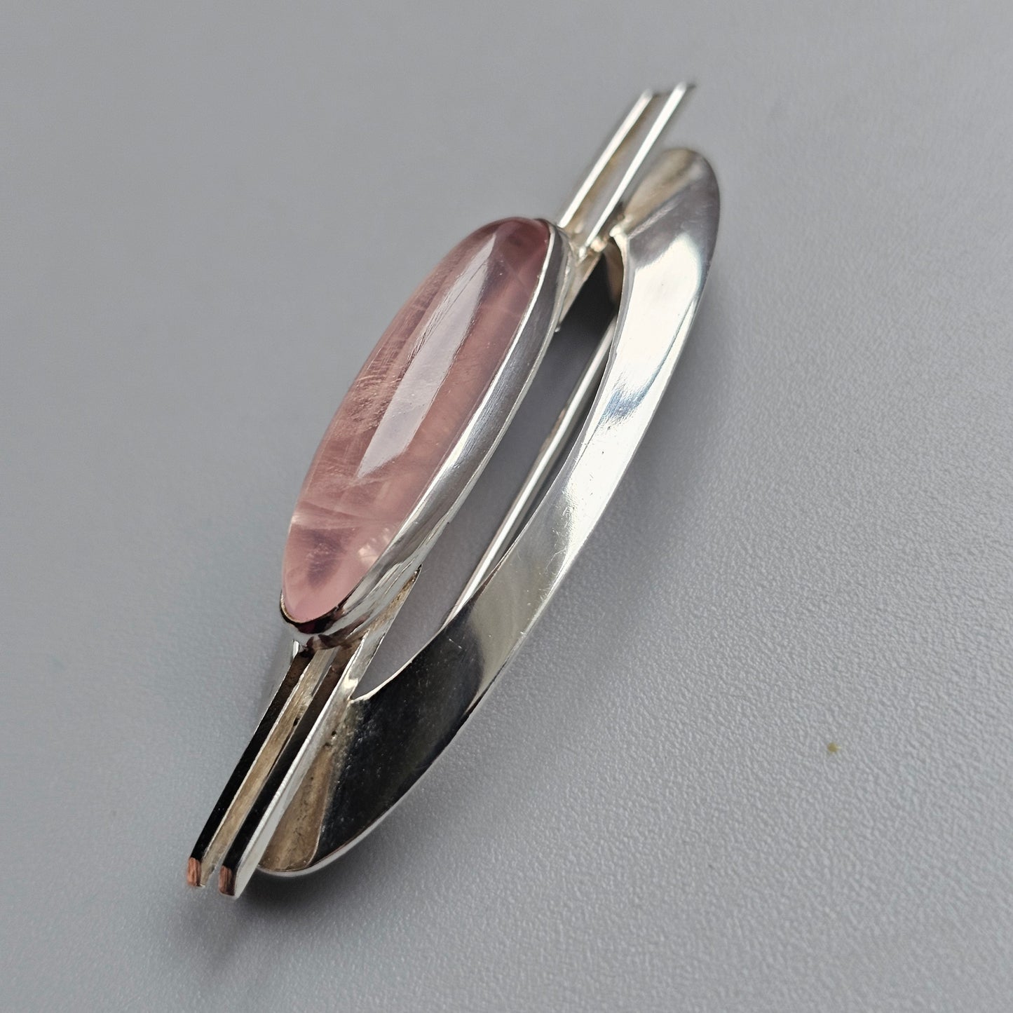 Vintage Nordic Modernist Silver Brooch with Rose Quartz by Turun Hopea