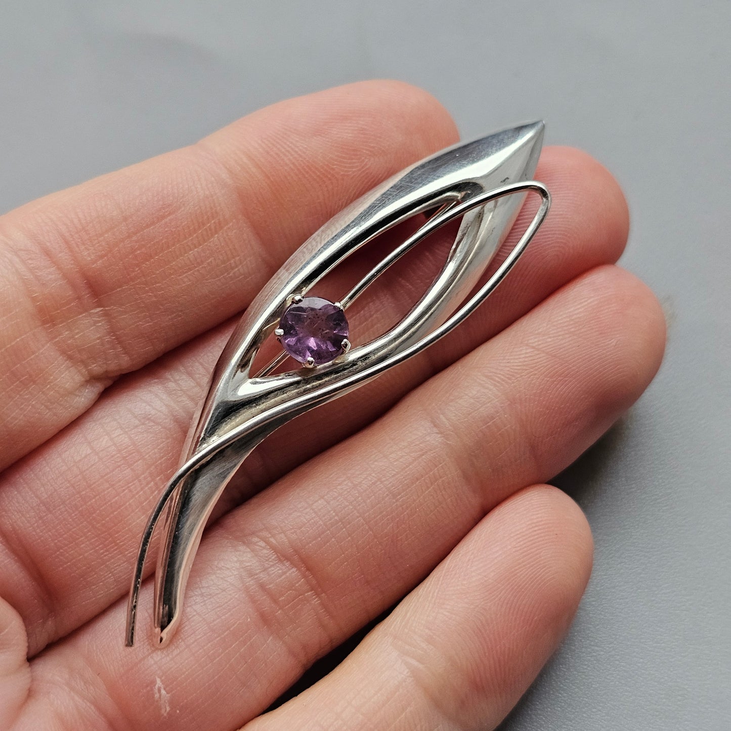 1960s Finnish Silver & Amethyst Flower Brooch - Eero Manner Finland
