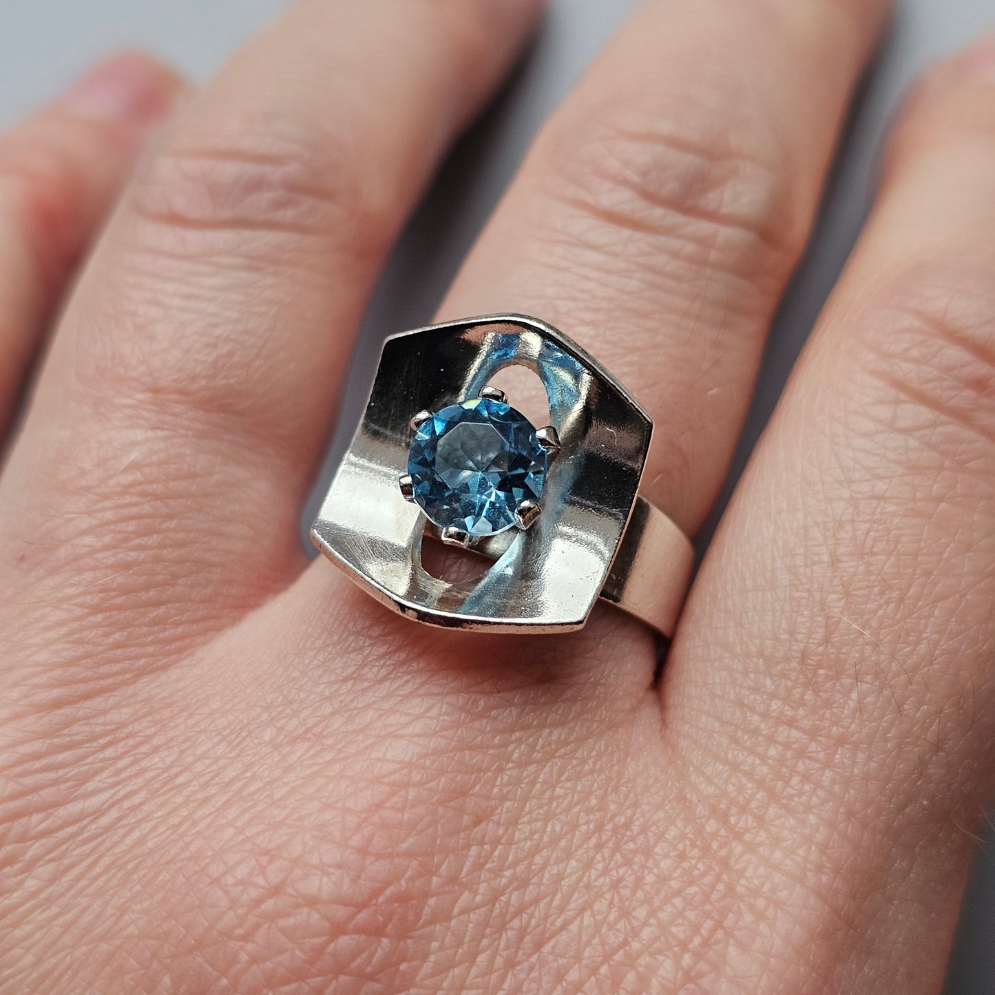 1970s Swedish Modernist Sterling Silver & Blue Glass Ring - UK Ring Size N 1/2 -  US Ring Size 6.75 - 1976