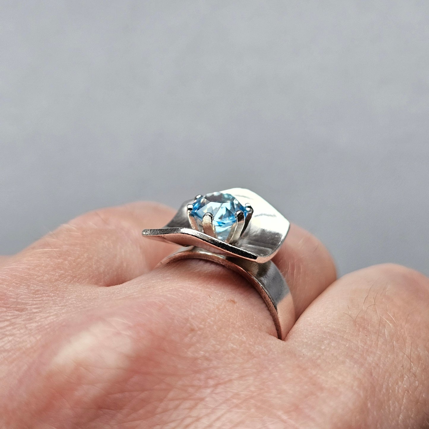 1970s Swedish Modernist Sterling Silver & Blue Glass Ring - UK Ring Size N 1/2 -  US Ring Size 6.75 - 1976