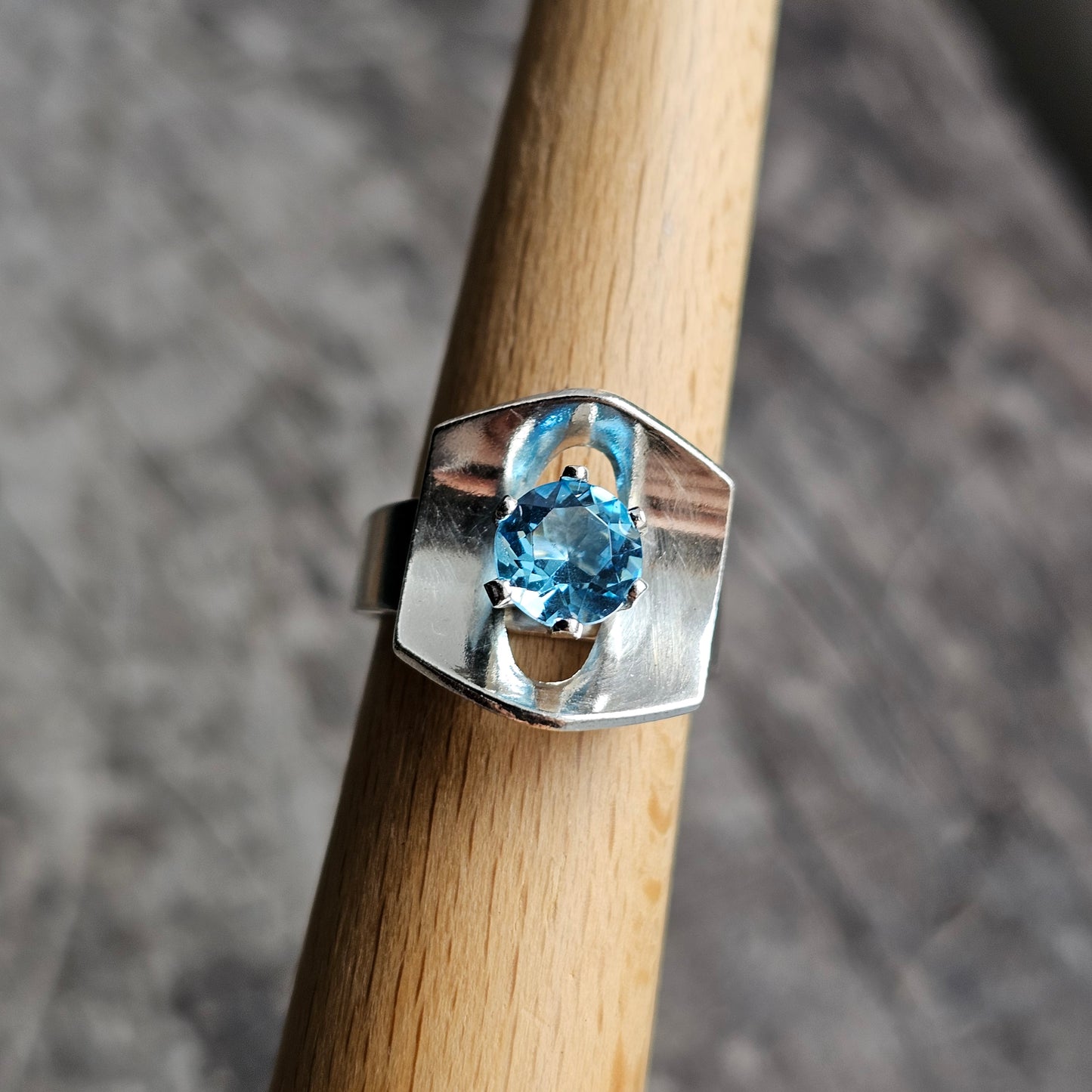 1970s Swedish Modernist Sterling Silver & Blue Glass Ring - UK Ring Size N 1/2 -  US Ring Size 6.75 - 1976