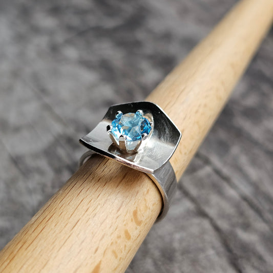 1970s Swedish Modernist Sterling Silver & Blue Glass Ring - UK Ring Size N 1/2 -  US Ring Size 6.75 - 1976