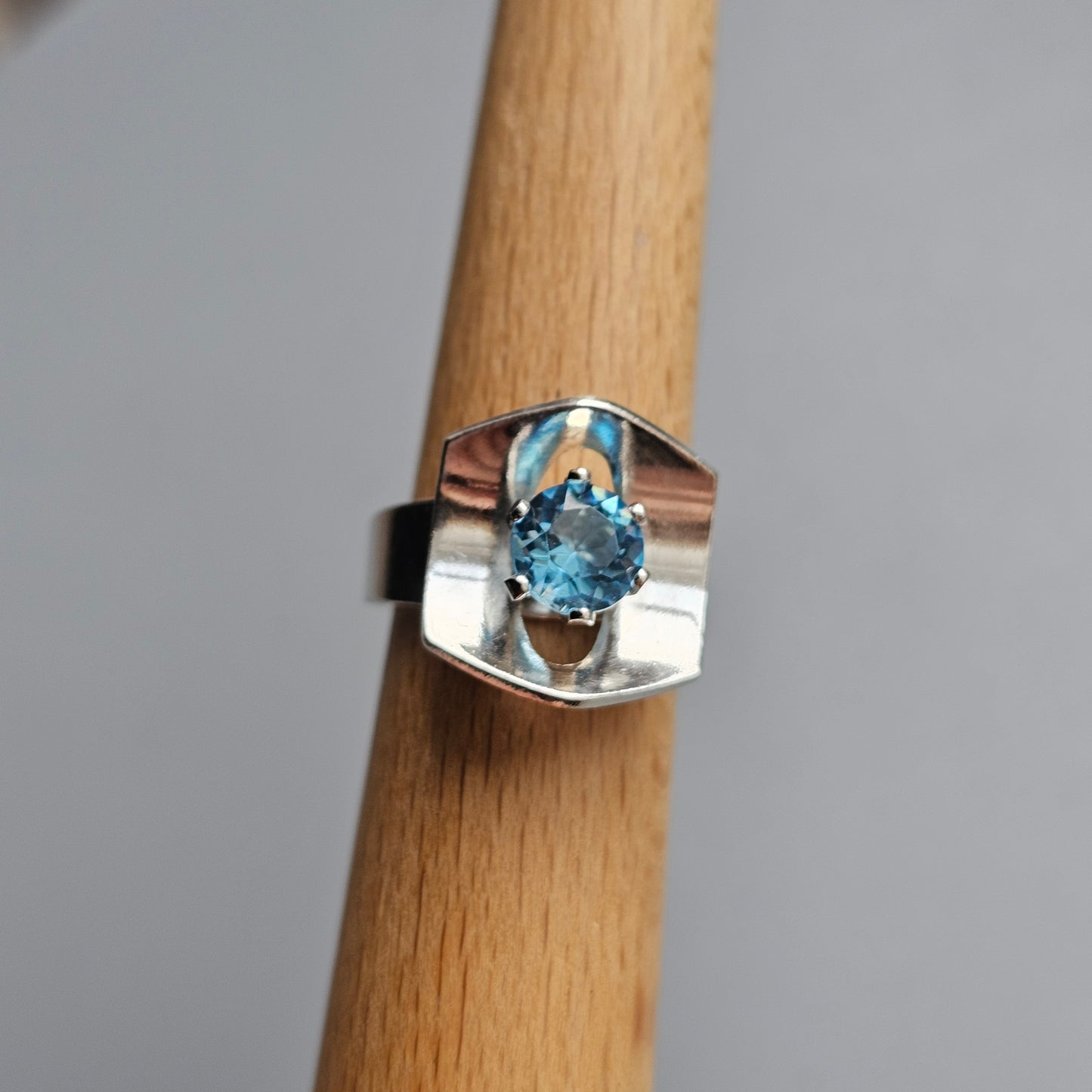 1970s Swedish Modernist Sterling Silver & Blue Glass Ring - UK Ring Size N 1/2 -  US Ring Size 6.75 - 1976