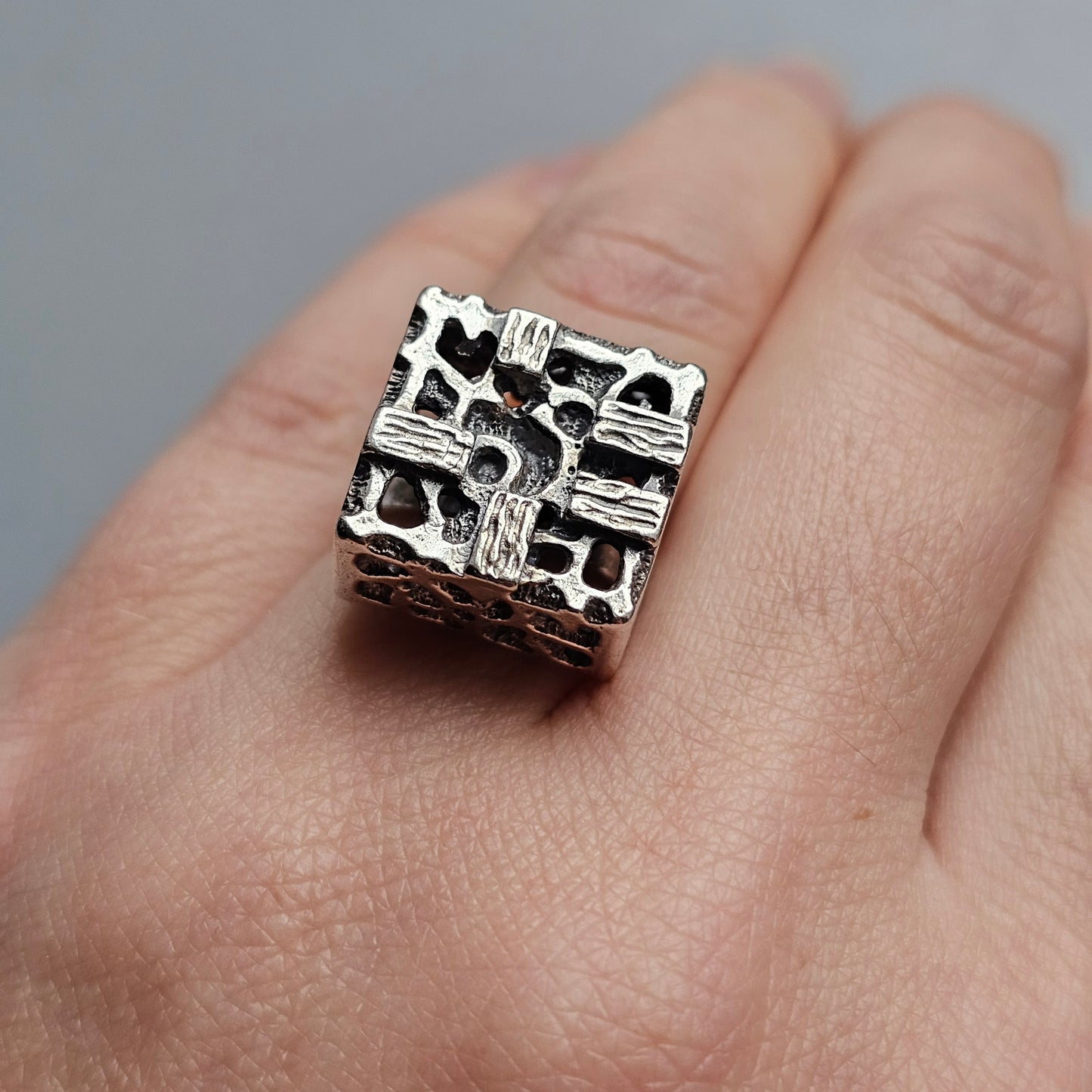 1970s Abstract Brutalist Cube Finnish Silver Ring by Martti Viikinniemi - UK Ring Size K 1/2  -  US Ring Size 5 1/2 - 1970