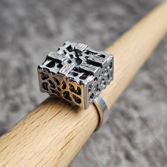 1970s Abstract Brutalist Cube Finnish Silver Ring by Martti Viikinniemi - UK Ring Size K 1/2  -  US Ring Size 5 1/2 - 1970