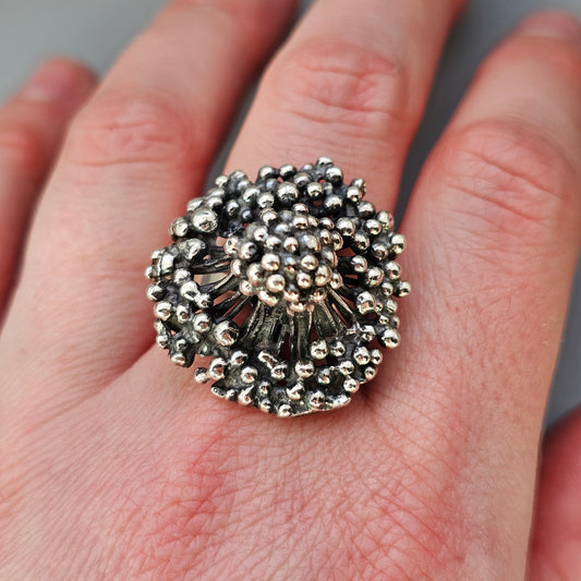 Vintage 1970s Finnish Modernist Sterling Silver Floral Ring by Erik Granit & Co - UK Ring Size N 1/2 -  US Ring Size 7- 1970