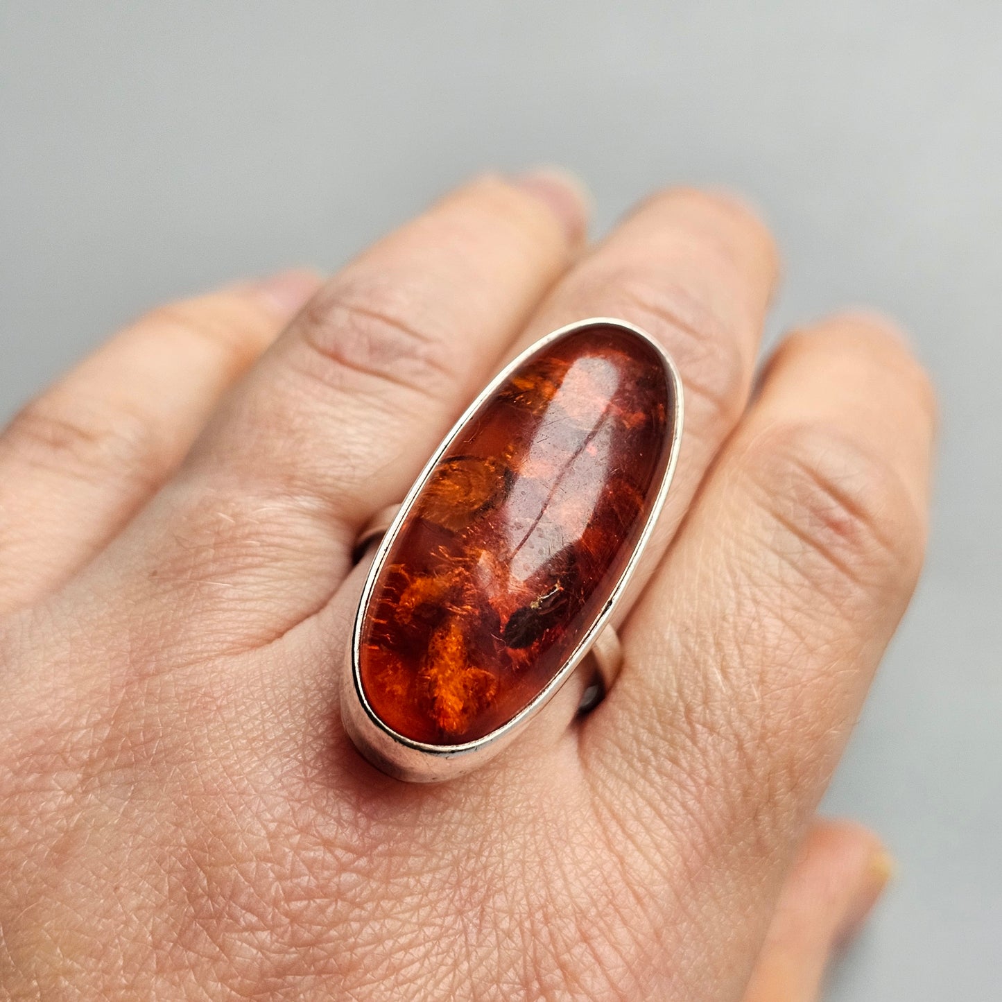 Vintage Polish Sterling Silver & Baltic Amber Ring - UK Ring Size T -  US Ring Size 9.5