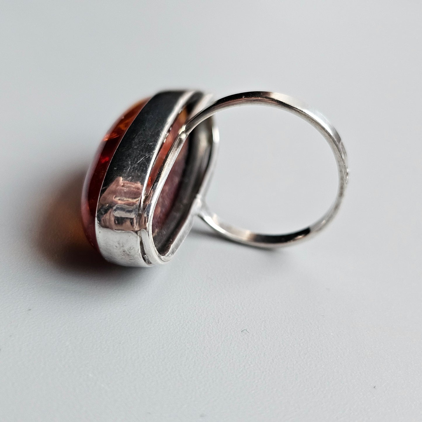 Vintage Polish Sterling Silver & Baltic Amber Ring - UK Ring Size T -  US Ring Size 9.5