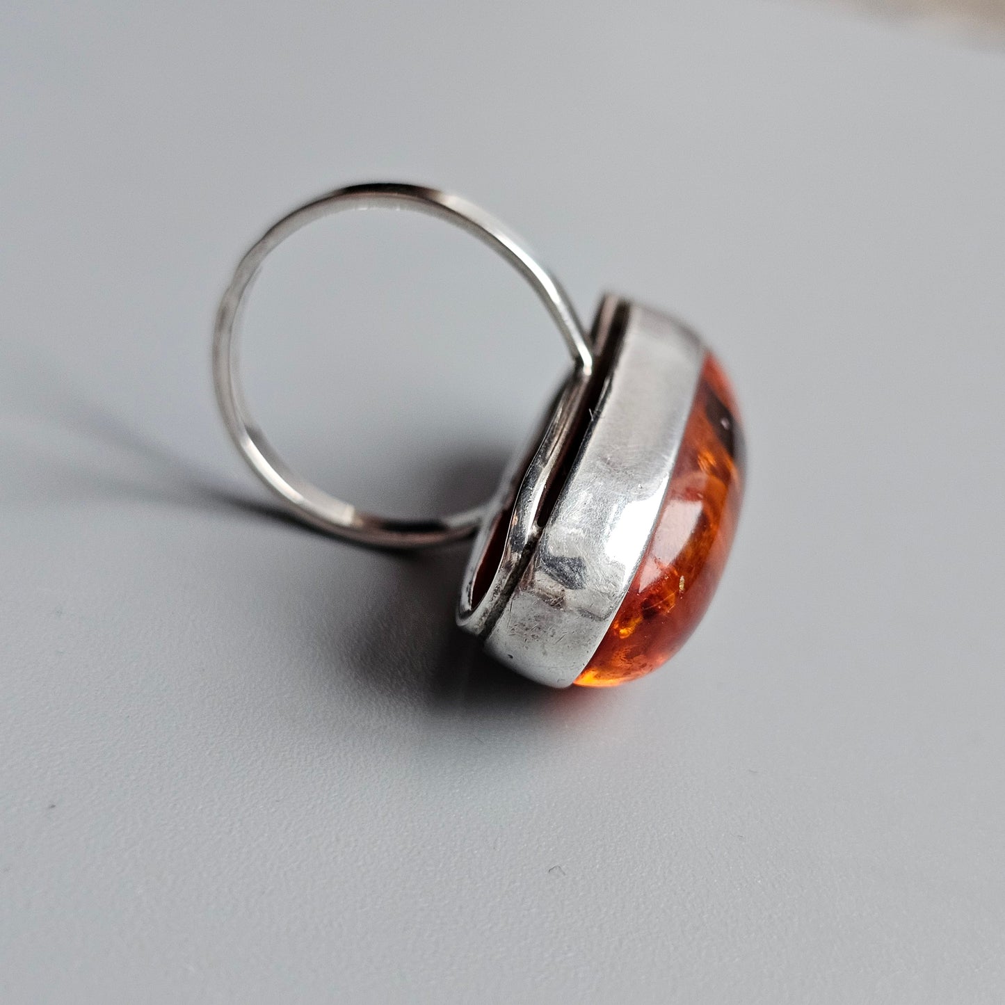Vintage Polish Sterling Silver & Baltic Amber Ring - UK Ring Size T -  US Ring Size 9.5