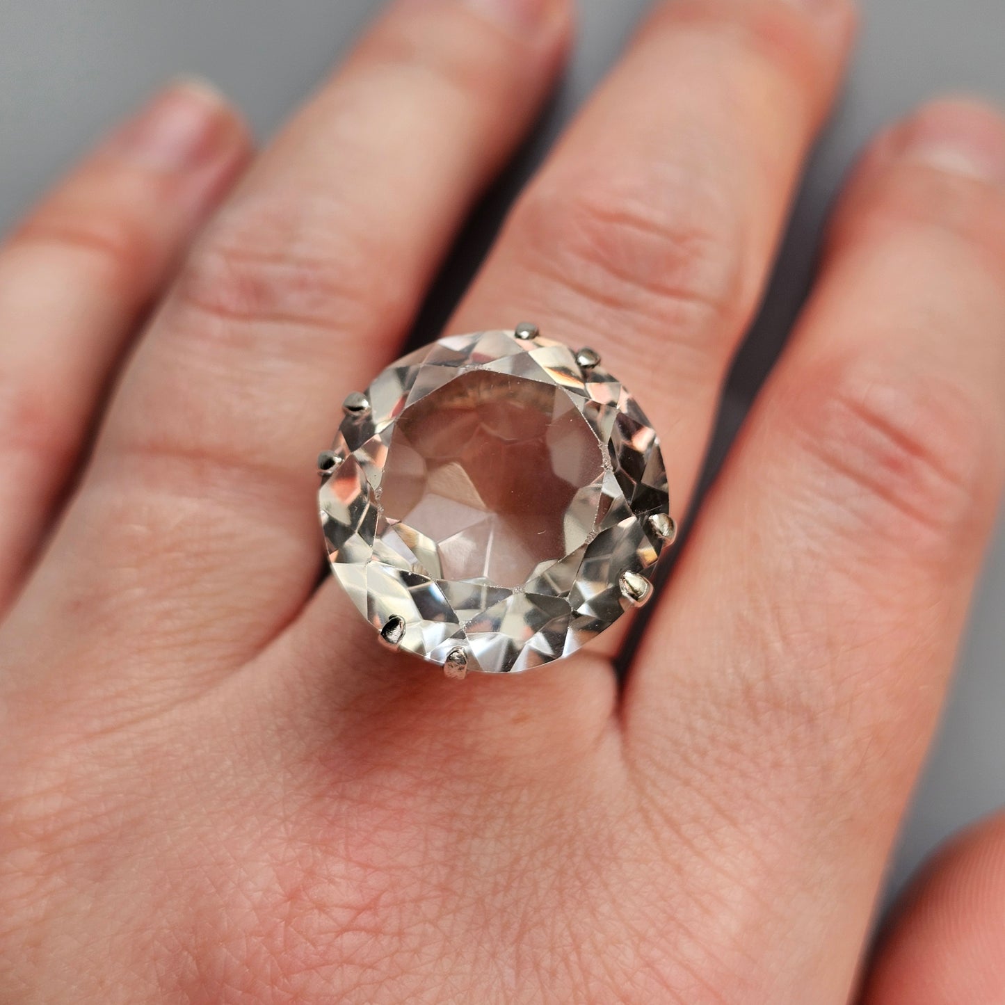 1960s Finnish Modernist Silver Ring with Rock Crystal — Kultaseppä Salovaara - UK Ring Size M 1/2 -  US Ring Size 6.5- 1968