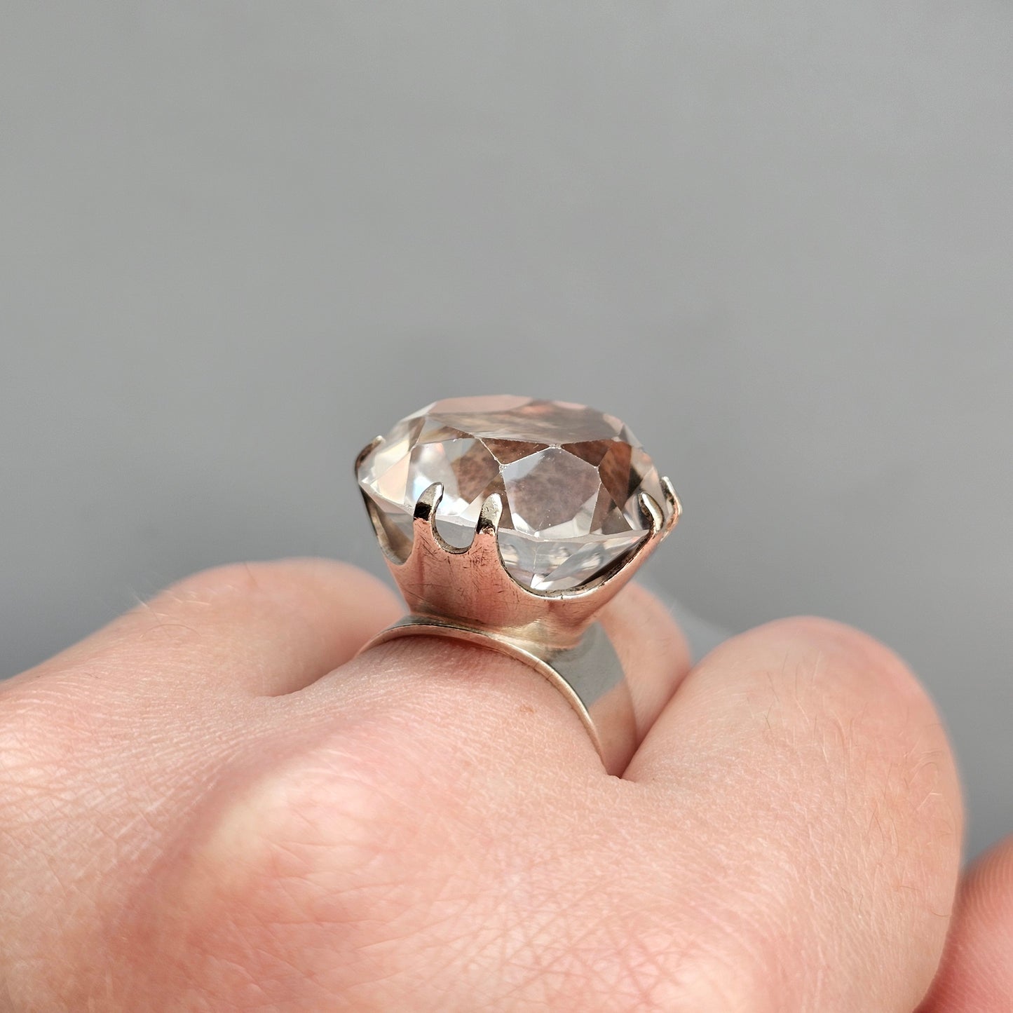 1960s Finnish Modernist Silver Ring with Rock Crystal — Kultaseppä Salovaara - UK Ring Size M 1/2 -  US Ring Size 6.5- 1968