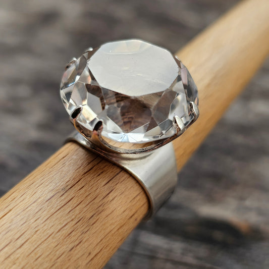 1960s Finnish Modernist Silver Ring with Rock Crystal — Kultaseppä Salovaara - UK Ring Size M 1/2 -  US Ring Size 6.5- 1968