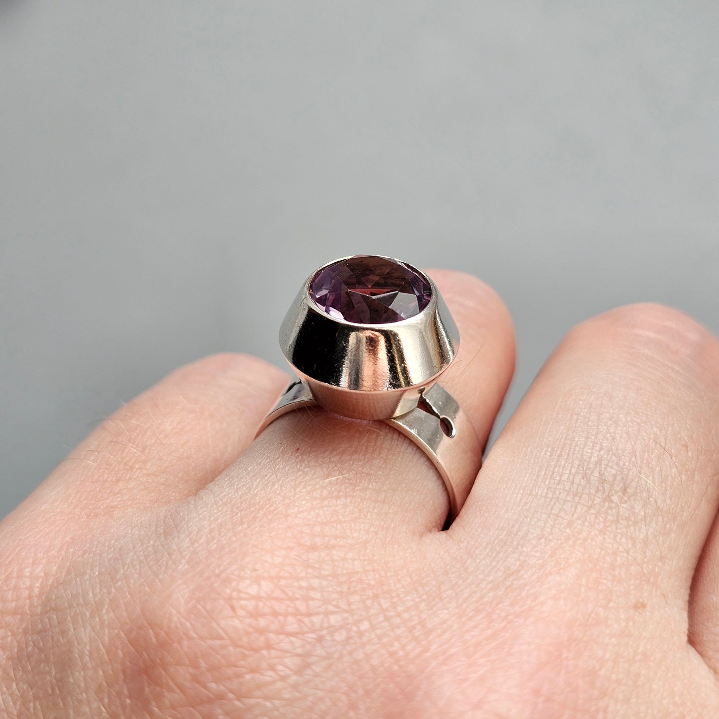 1960s Finnish Modernist Silver Ring with Amethyst — Tuomo Rissanen - UK Ring Size N 1/2-  US Ring Size 7- 1967