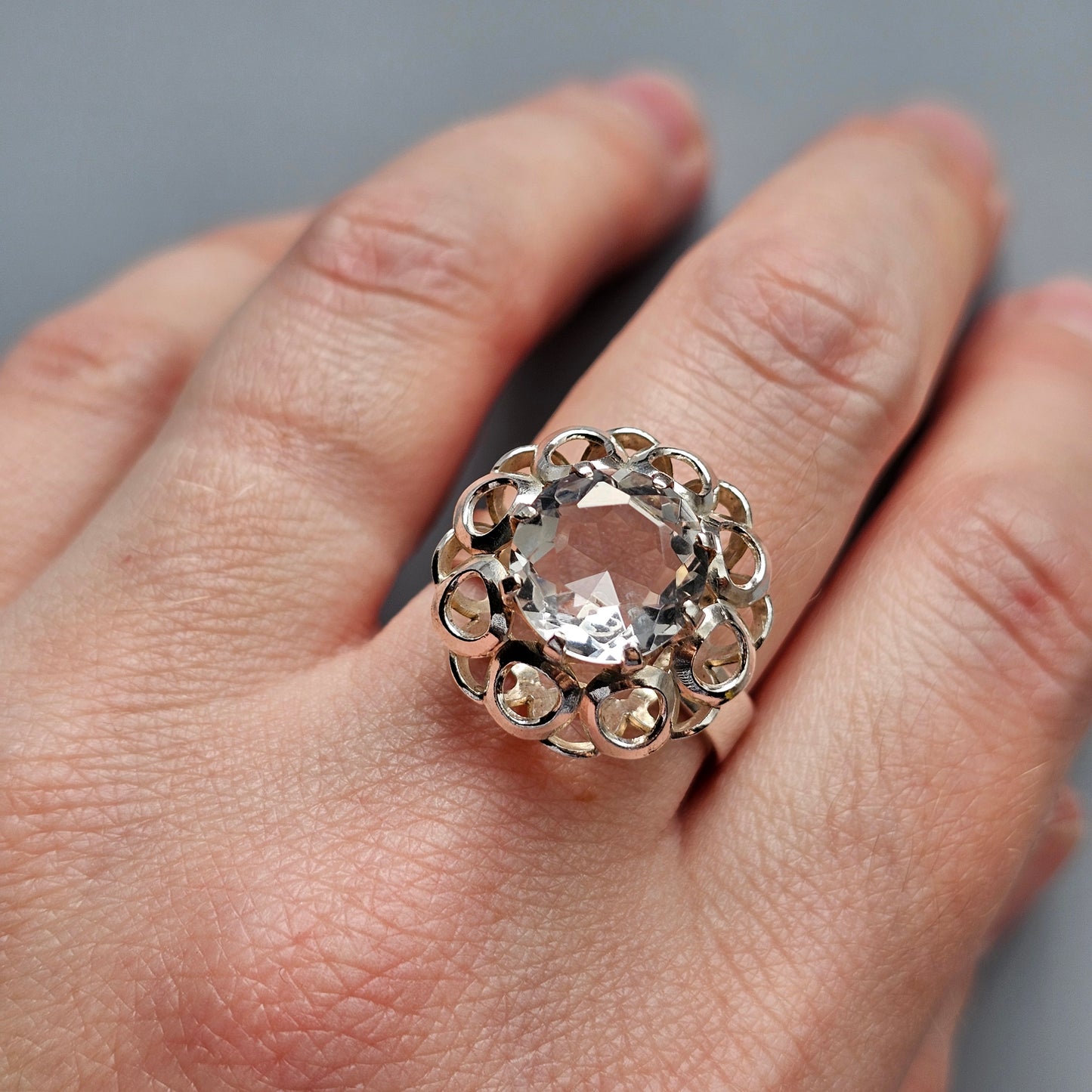 1970s Finnish Modernist Silver Ring with Rock Crystal — Tuomo Rissanen - UK Ring Size Q 1/2 -  US Ring Size 8.25 - 1975