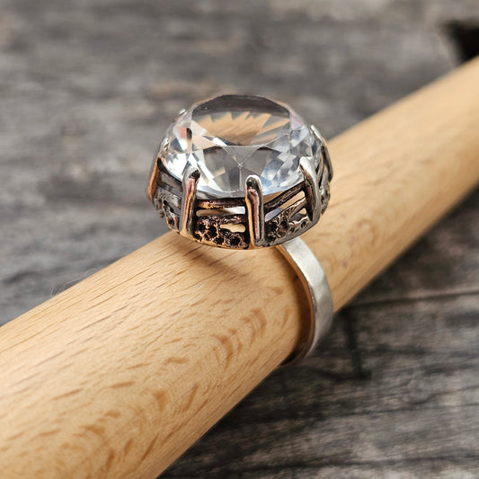 1970s Finnish Modernist Brutalist Silver Ring with Rock Crystal — Martti Viikinniemi - UK Ring Size Q 1/2 -  US Ring Size 8.5  - 1970