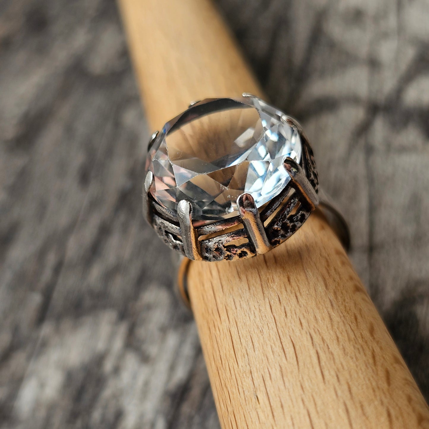 1970s Finnish Modernist Brutalist Silver Ring with Rock Crystal — Martti Viikinniemi - UK Ring Size Q 1/2 -  US Ring Size 8.5  - 1970