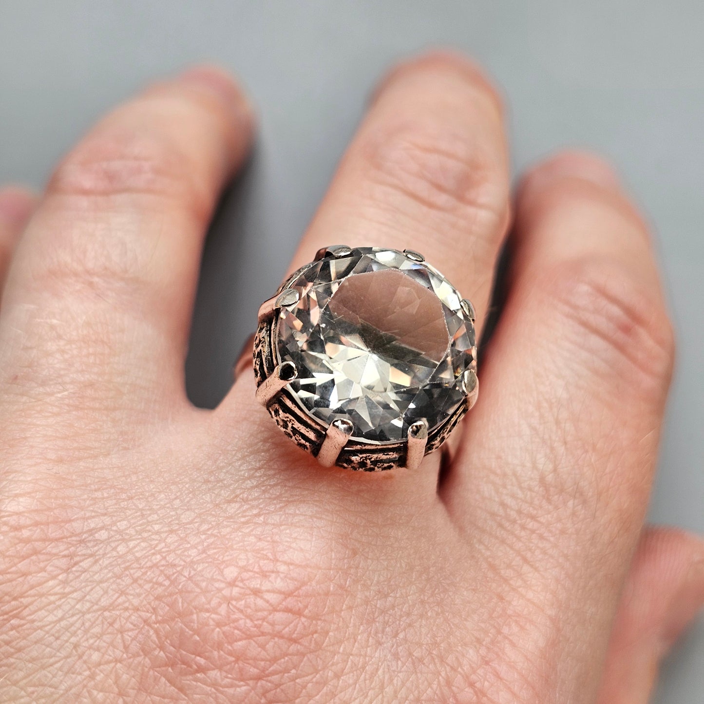 1970s Finnish Modernist Brutalist Silver Ring with Rock Crystal — Martti Viikinniemi - UK Ring Size Q 1/2 -  US Ring Size 8.5  - 1970