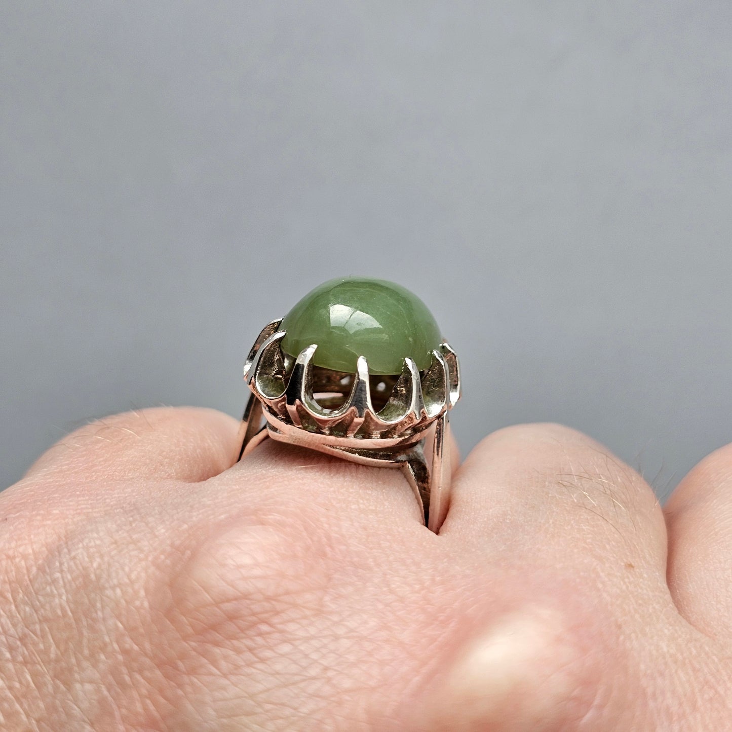 Vintage 1970s Sterling Silver & Nephrite Jade Ring - UK Ring Size L 1/2 -  US Ring Size 6