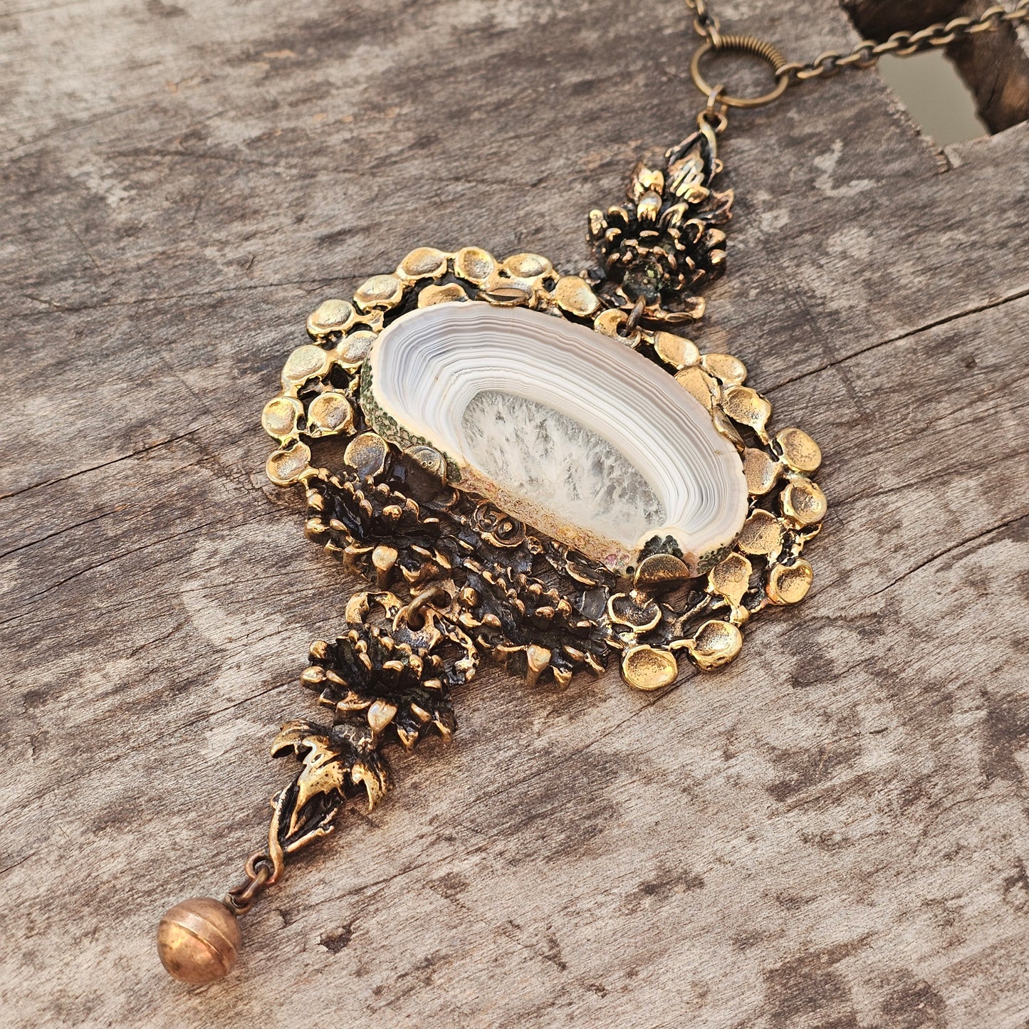 1970s Huge Vintage Pentti Sarpaneva Finnish Bronze Necklace with Sliced Agate