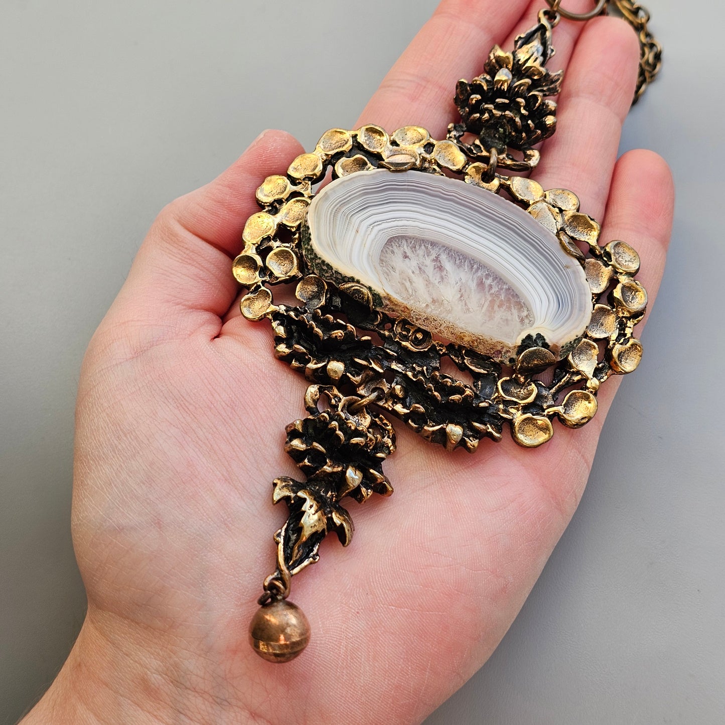 1970s Huge Vintage Pentti Sarpaneva Finnish Bronze Necklace with Sliced Agate