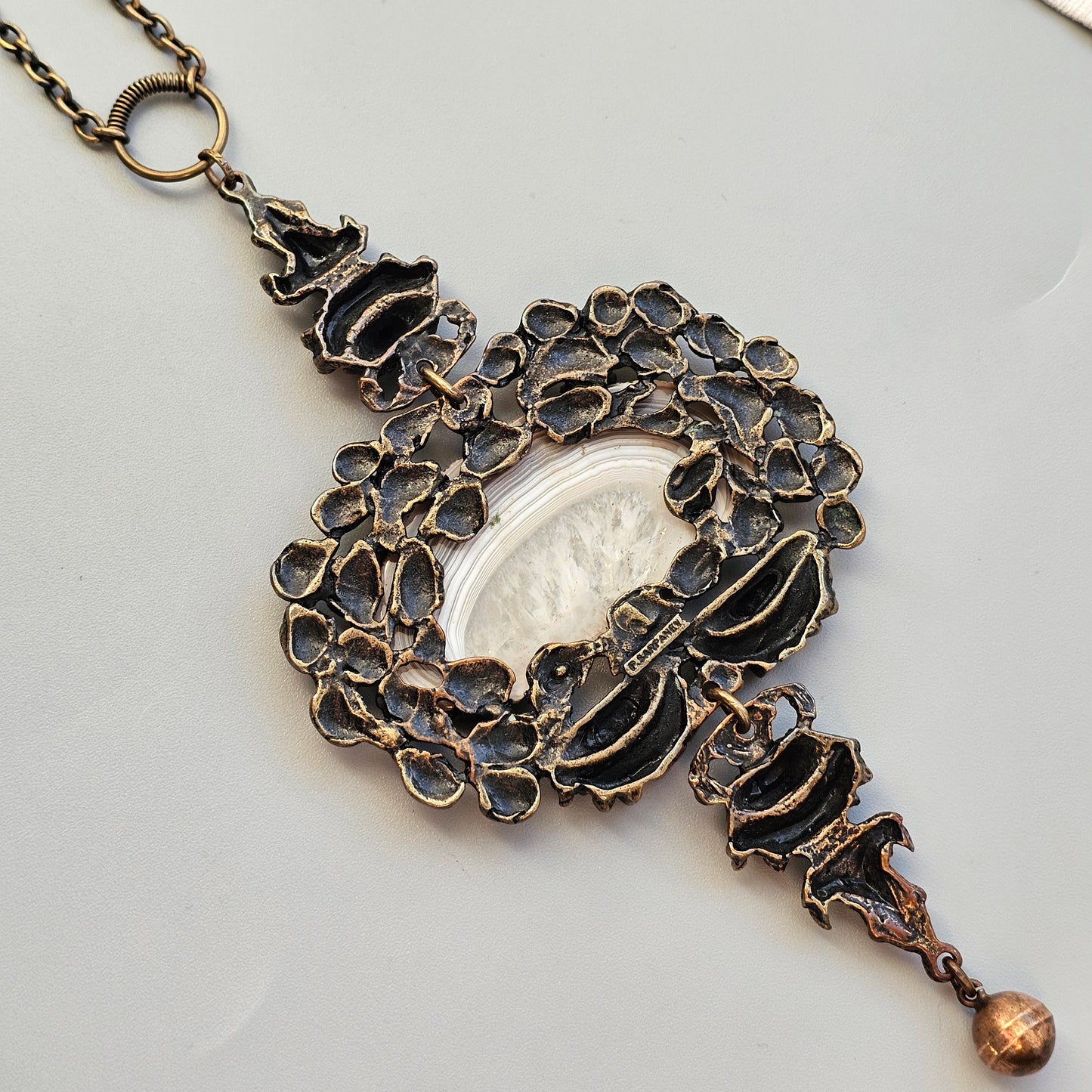 1970s Huge Vintage Pentti Sarpaneva Finnish Bronze Necklace with Sliced Agate