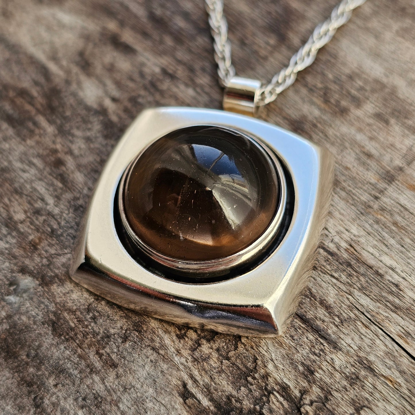 Vintage 1960s Modernist Silver & Smoky Quartz Necklace Pendant by Erik Granit & Co - 1966