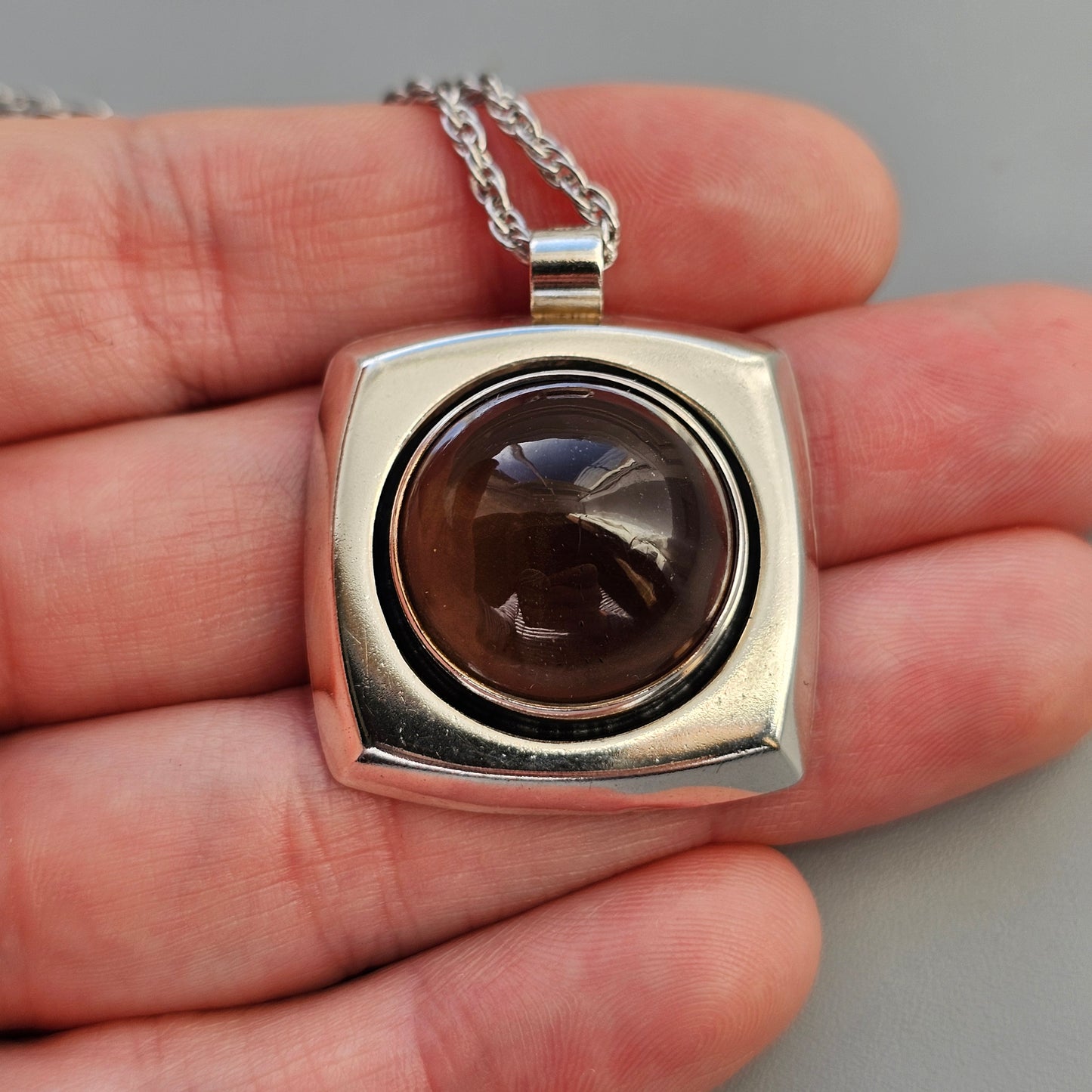 Vintage 1960s Modernist Silver & Smoky Quartz Necklace Pendant by Erik Granit & Co - 1966