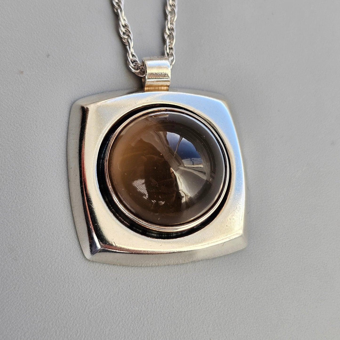 Vintage 1960s Modernist Silver & Smoky Quartz Necklace Pendant by Erik Granit & Co - 1966