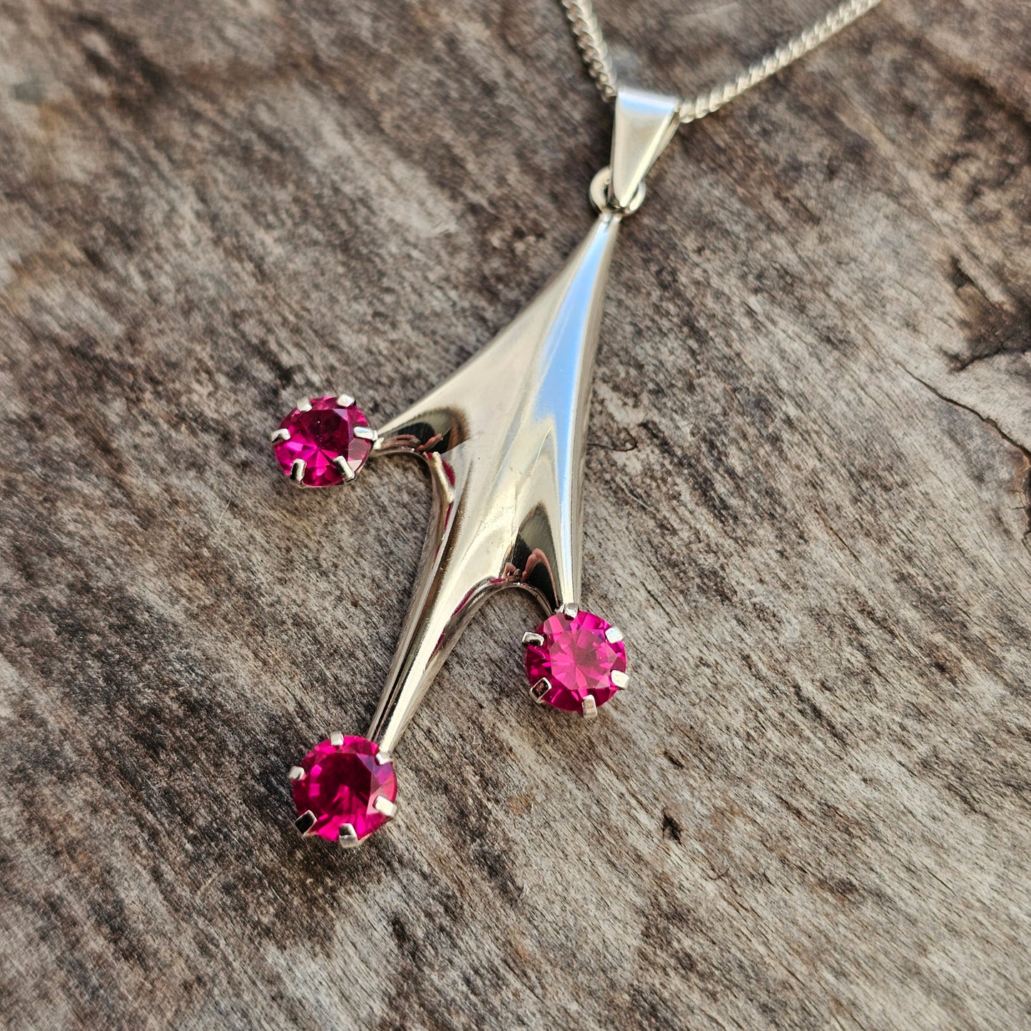 Vintage Finnish Modernist Silver & Lab Created Ruby Necklace Pendant