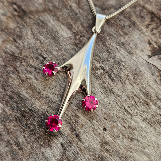 Vintage Finnish Modernist Silver & Lab Created Ruby Necklace Pendant