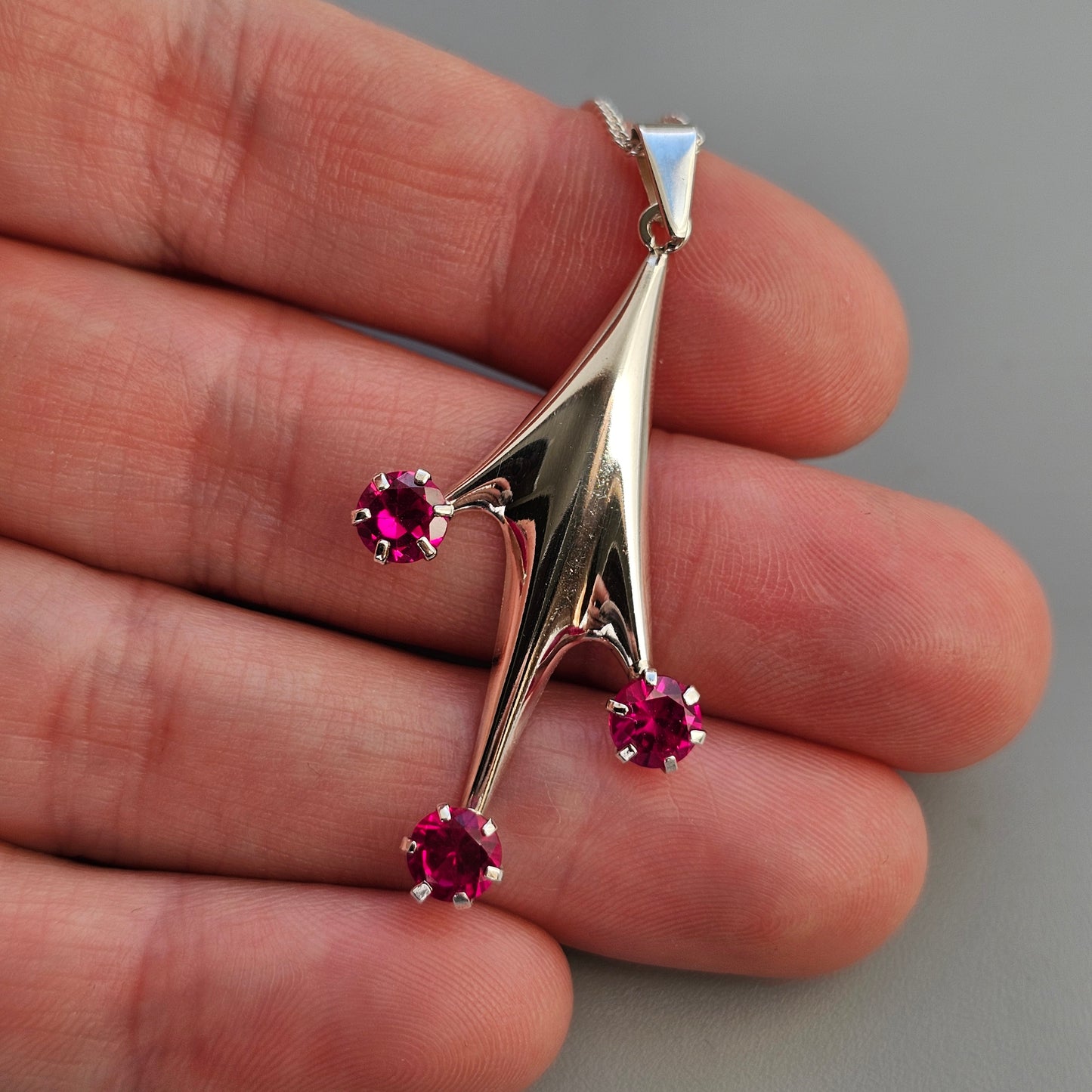 Vintage Finnish Modernist Silver & Lab Created Ruby Necklace Pendant