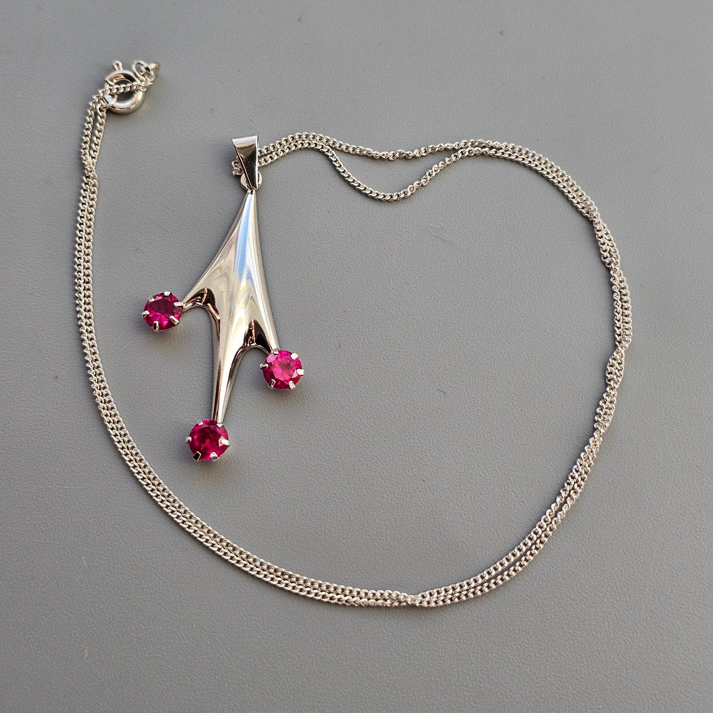Vintage Finnish Modernist Silver & Lab Created Ruby Necklace Pendant