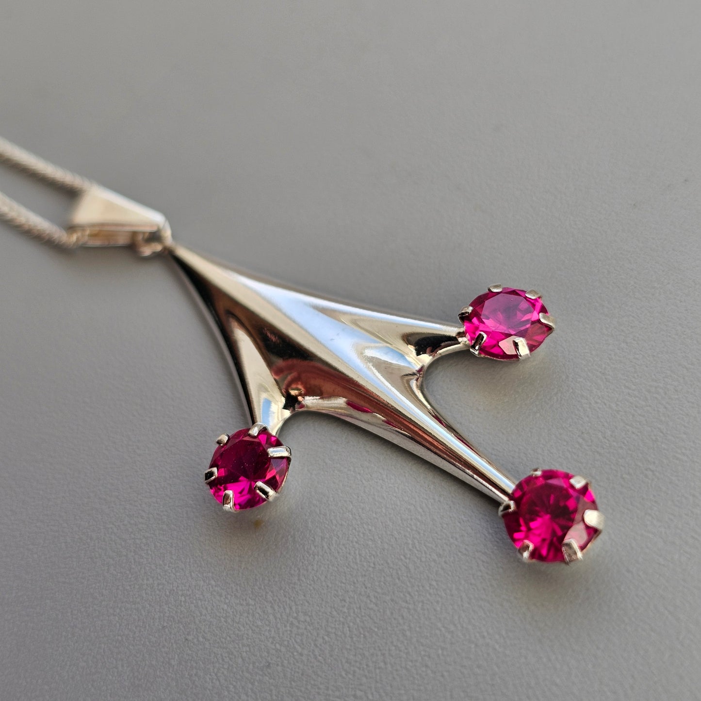 Vintage Finnish Modernist Silver & Lab Created Ruby Necklace Pendant