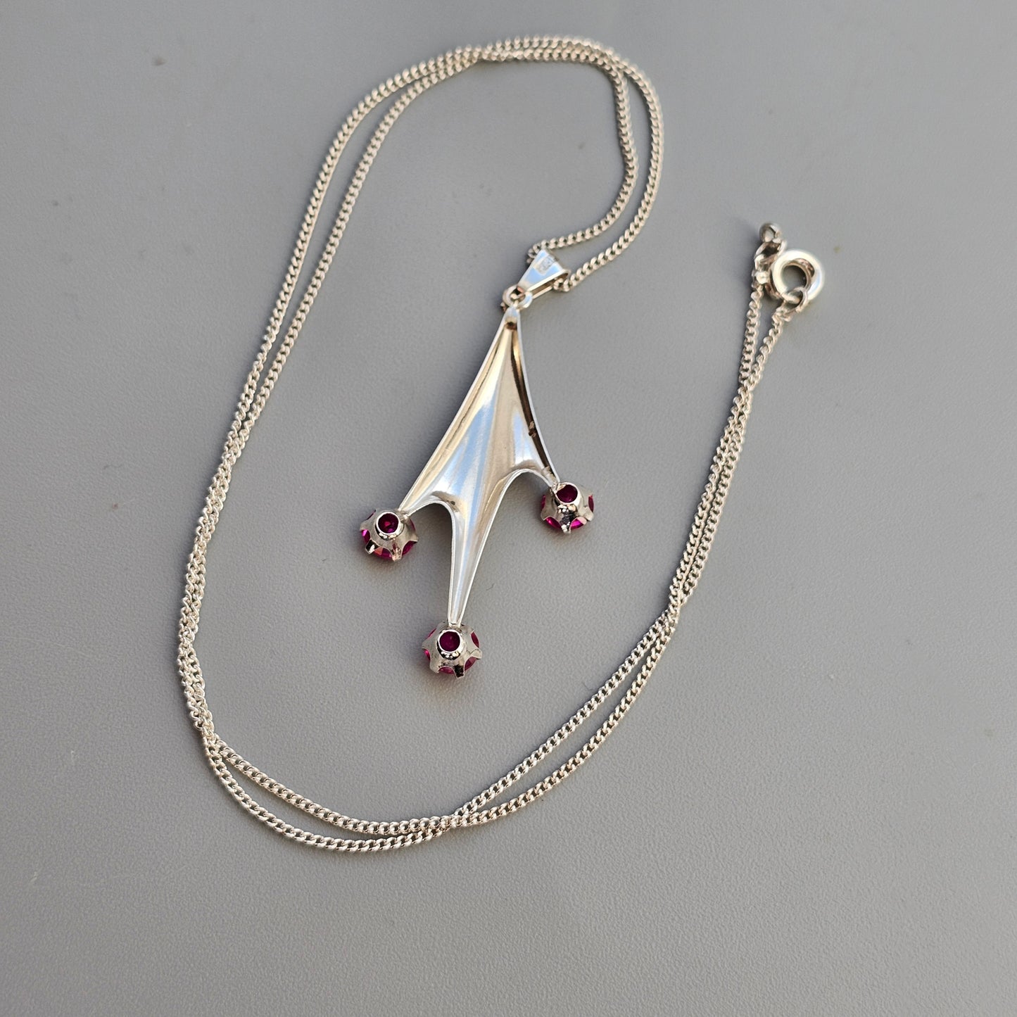 Vintage Finnish Modernist Silver & Lab Created Ruby Necklace Pendant
