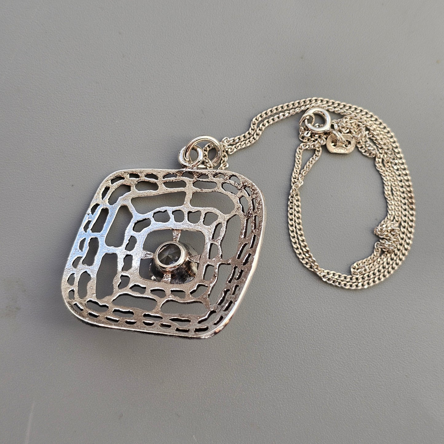 1960s 1970s Finnish Silver Modernist Necklace Pendant with Clear Spinel by Kultaseppä Salovaara