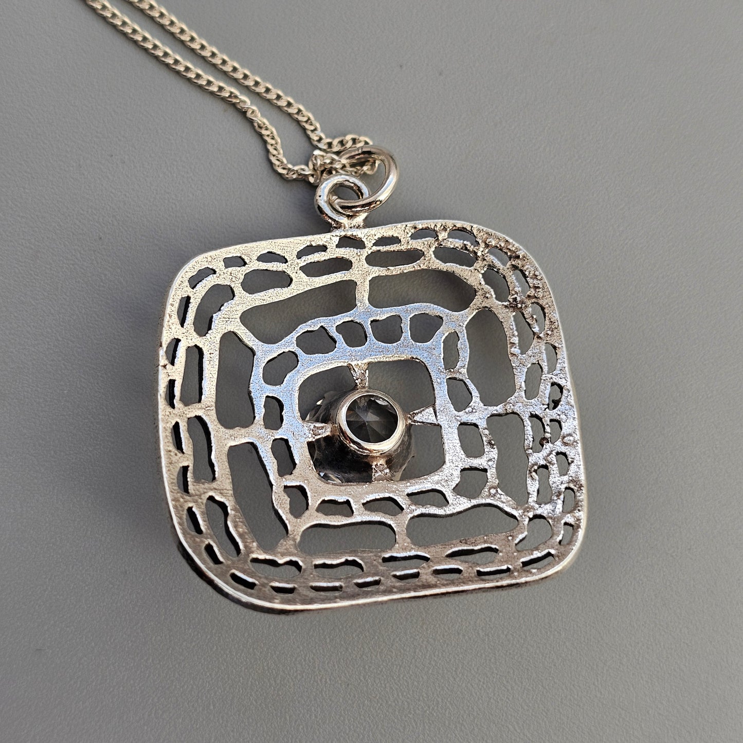 1960s 1970s Finnish Silver Modernist Necklace Pendant with Clear Spinel by Kultaseppä Salovaara