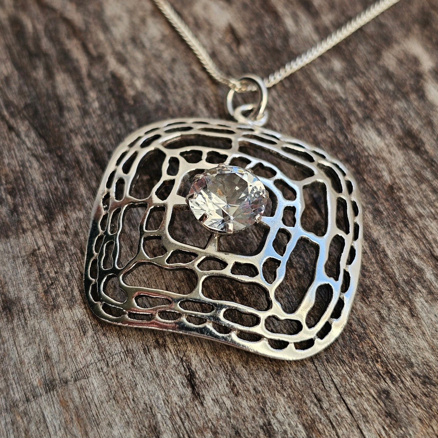 1960s 1970s Finnish Silver Modernist Necklace Pendant with Clear Spinel by Kultaseppä Salovaara