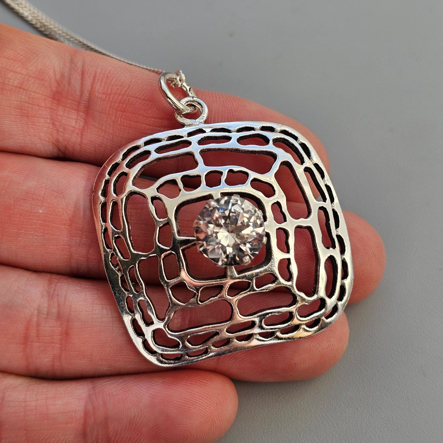 1960s 1970s Finnish Silver Modernist Necklace Pendant with Clear Spinel by Kultaseppä Salovaara