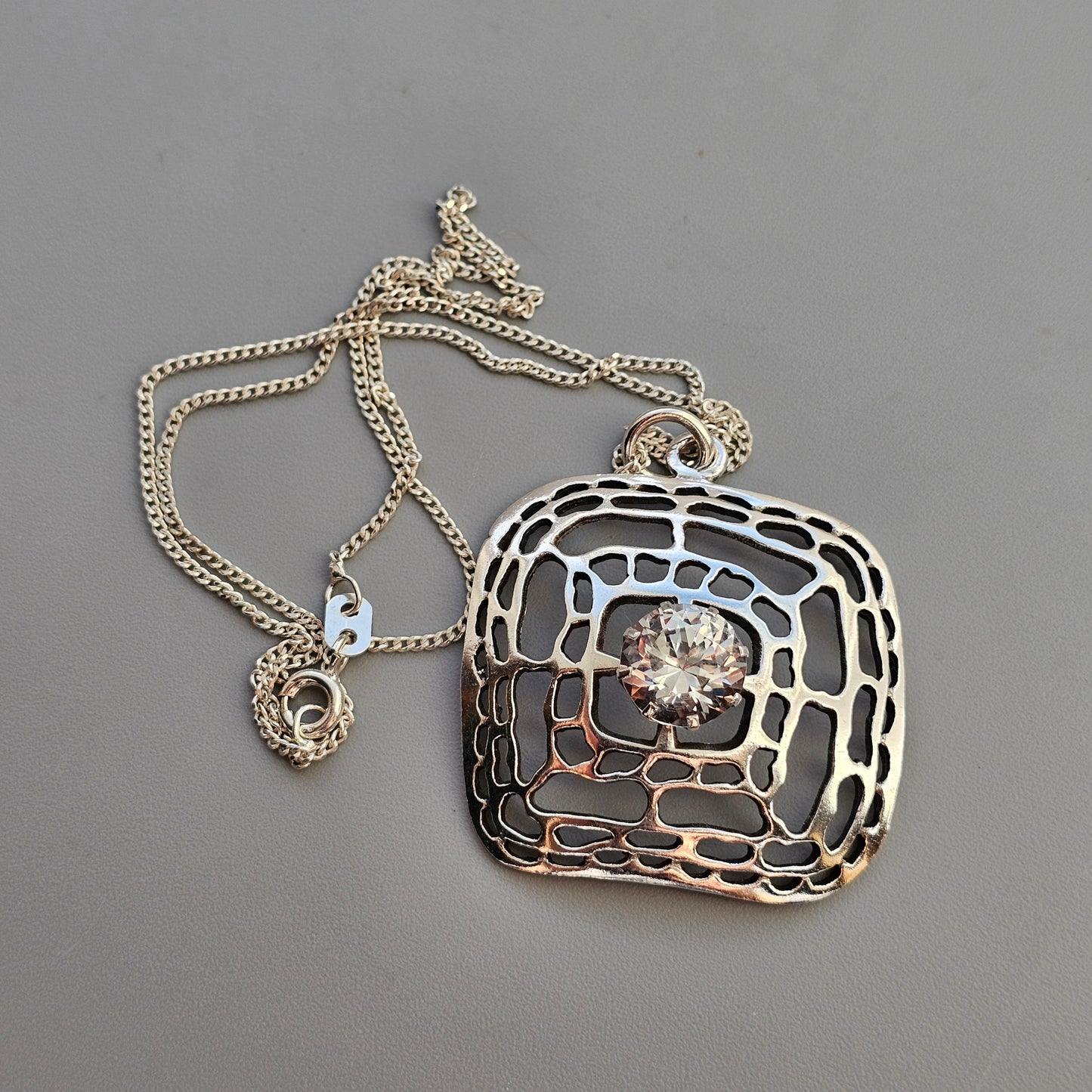 1960s 1970s Finnish Silver Modernist Necklace Pendant with Clear Spinel by Kultaseppä Salovaara