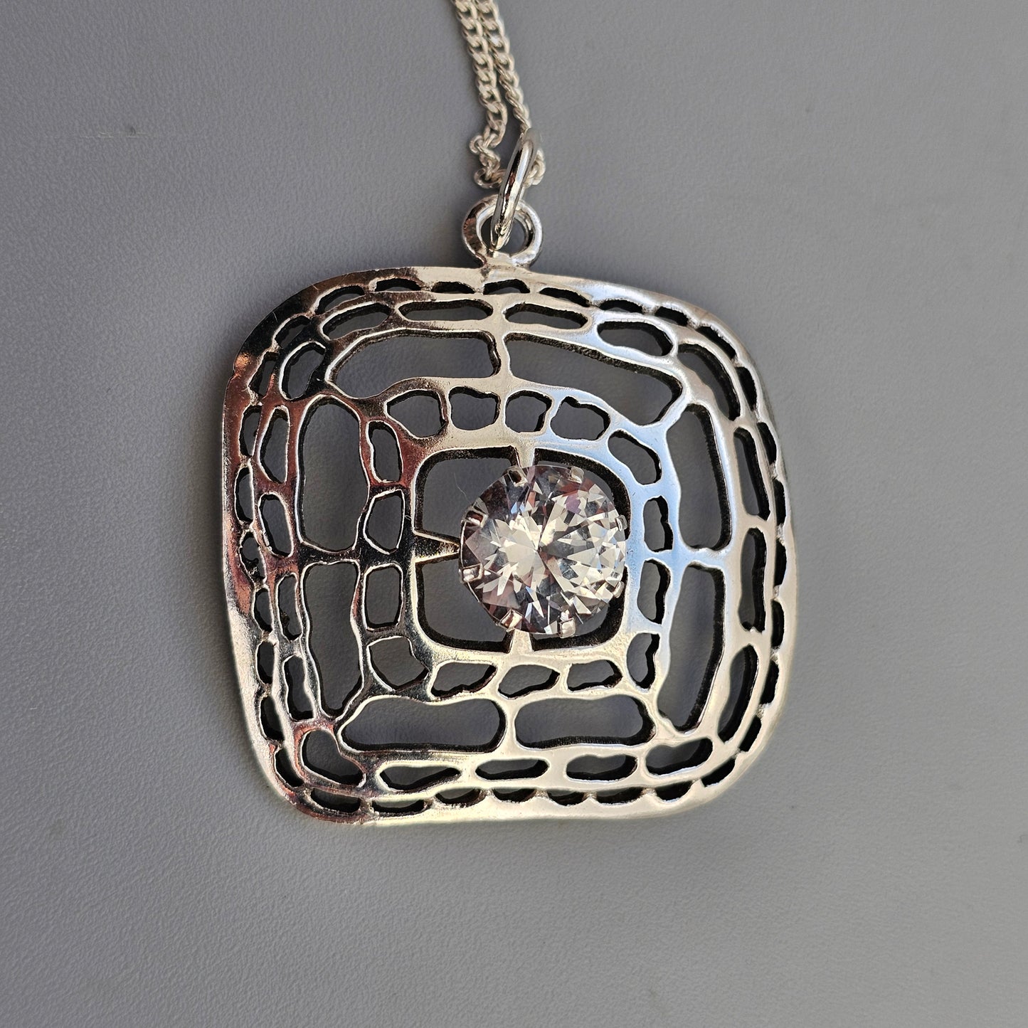 1960s 1970s Finnish Silver Modernist Necklace Pendant with Clear Spinel by Kultaseppä Salovaara