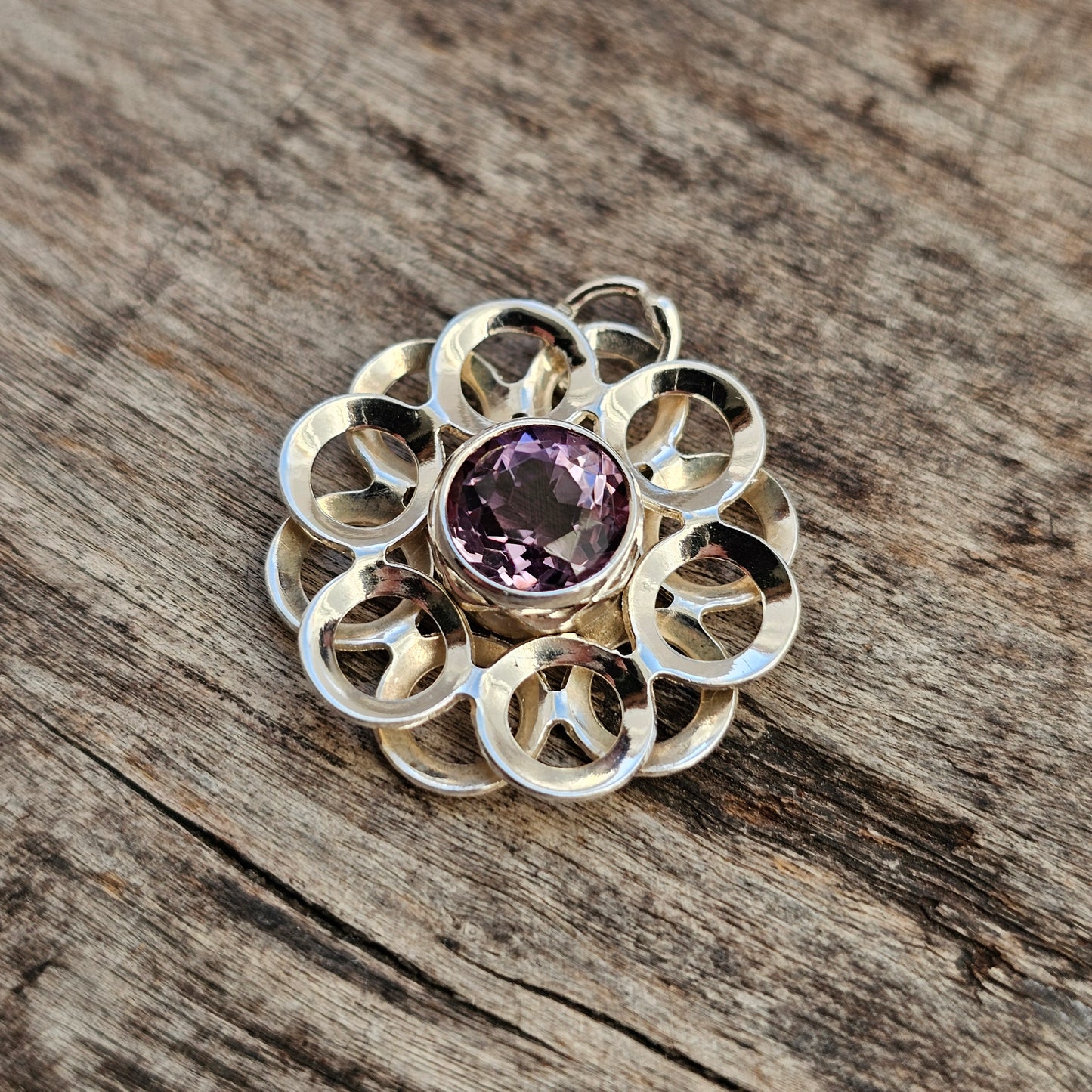 Vintage Modernist Silver & Amethyst Flower Necklace Pendant by Kultaseppä Salovaara