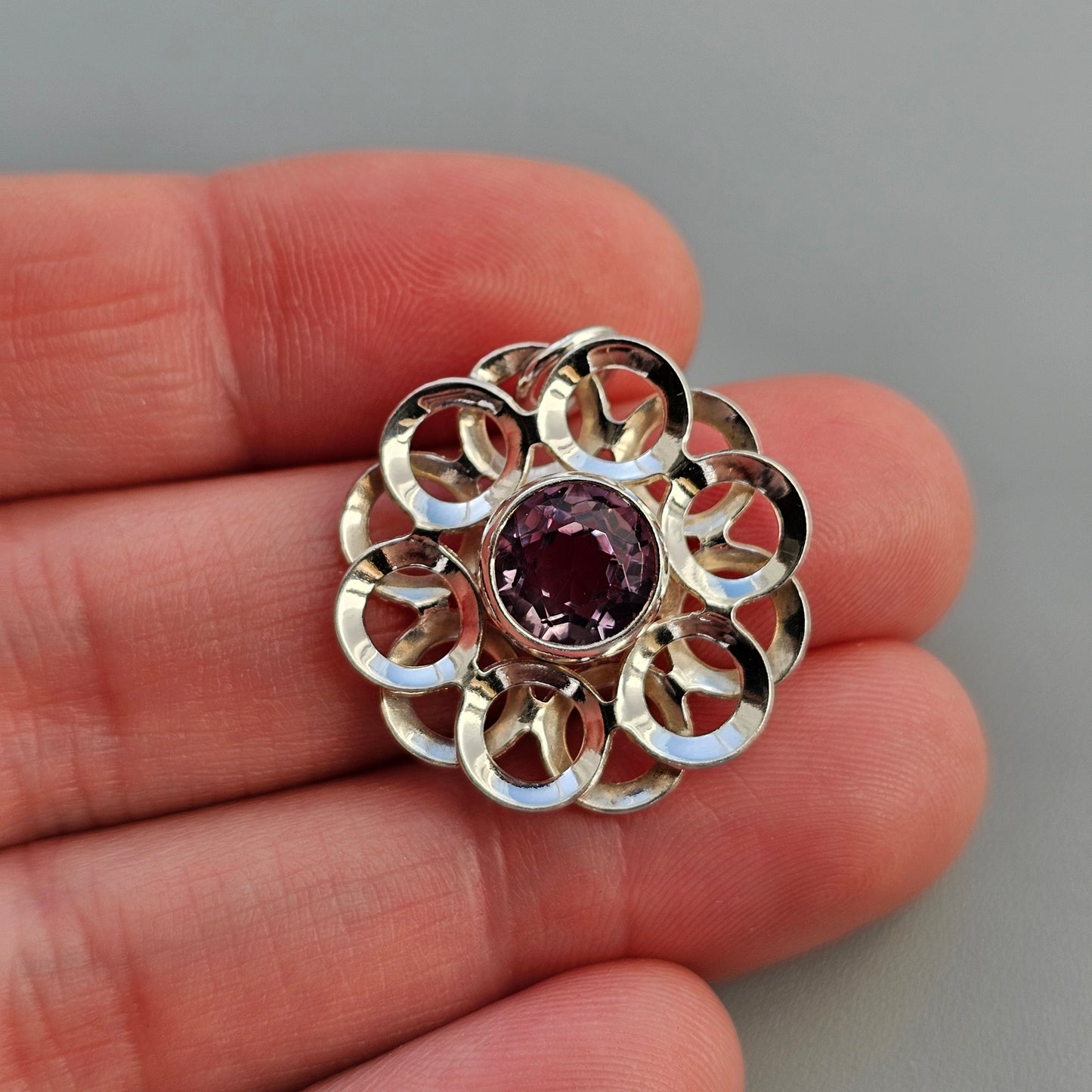 Vintage Modernist Silver & Amethyst Flower Necklace Pendant by Kultaseppä Salovaara